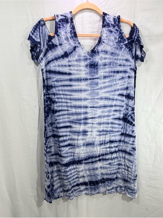 Sunday Tops - Sunday Navy and White Tie-Dye Cold-Shoulder Tunic